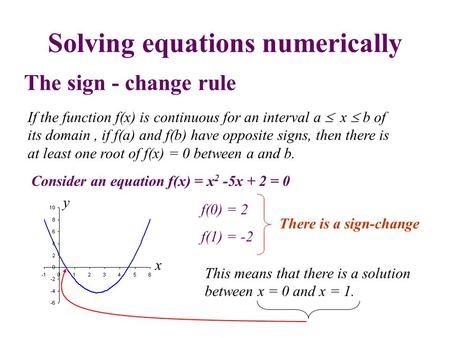 Solving equations numerically The sign - change rule If the function f(x) is continuous for an interval a  x  b of its domain, if f(a) and f(b) have.