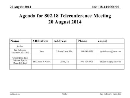 Doc.: 18-14/0056r00 Submission 20 August 2014 Jay Holcomb, Itron, Inc. Slide 1 Agenda for 802.18 Teleconference Meeting 20 August 2014.