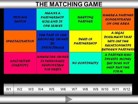 10 THE MATCHING GAME THE MATCHING GAME W1W2W3W4W5W6W7W8W9W10W11W12 DEED OF PARTNERSHIP WHERE THE OWNER IS PERSONALLY RESPONSIBLE FOR DEBTS NO CONTINUITY.