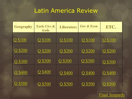 Latin America Review Geography Early Civs & trade Liberators Gov & Econ ETC. Q $100 Q $200 Q $300 Q $400 Q $500 Q $100 Q $200 Q $300 Q $400 Q $500 Final.