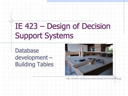 IE 423 – Design of Decision Support Systems Database development – Building Tables