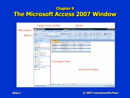 Chapter 9 The Microsoft Access 2007 Window © 2007 Lawrenceville Press Slide 1.