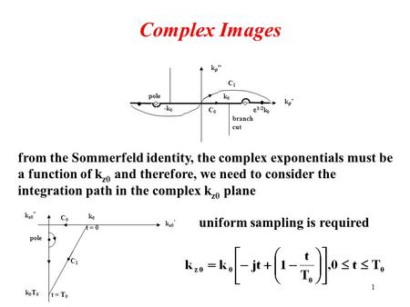 1 Complex Images k’k’ k”k” k0k0 -k0-k0 branch cut   k 0 pole C1C1 C0C0 from the Sommerfeld identity, the complex exponentials must be a function.