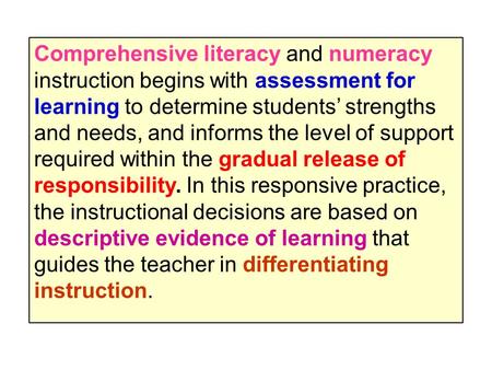 Comprehensive literacy and numeracy instruction begins with assessment for learning to determine students’ strengths and needs, and informs the level of.