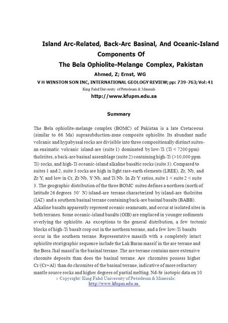 © Island Arc-Related, Back-Arc Basinal, And Oceanic-Island Components Of The Bela Ophiolite-Melange Complex, Pakistan Ahmed, Z; Ernst, WG V H WINSTON SON.
