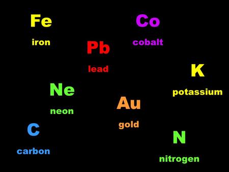 Fe iron Pb lead Au gold C carbon Co cobalt K potassium Ne neon N nitrogen.