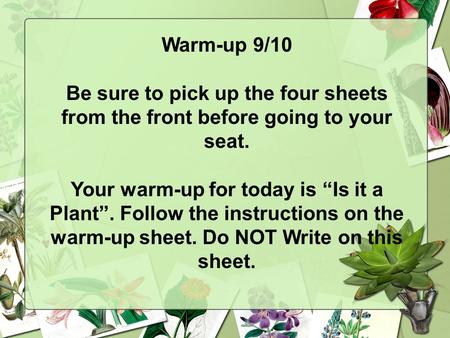 Warm-up 9/10 Be sure to pick up the four sheets from the front before going to your seat. Your warm-up for today is “Is it a Plant’’. Follow the instructions.
