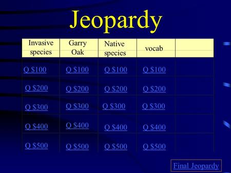 Jeopardy Invasive species Garry Oak Native species vocab Q $100 Q $200 Q $300 Q $400 Q $500 Q $100 Q $200 Q $300 Q $400 Q $500 Final Jeopardy.