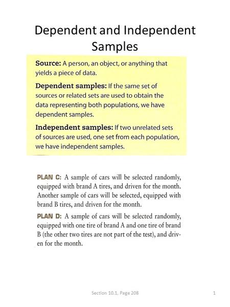Dependent and Independent Samples 1Section 10.1, Page 208.