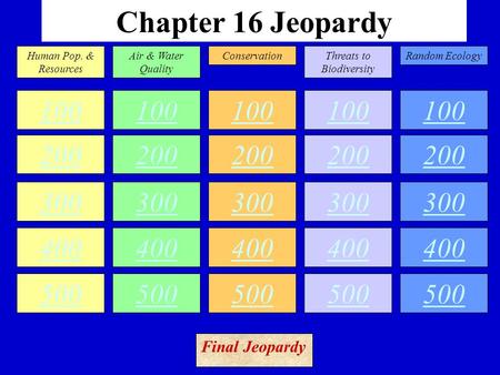 Chapter 16 Jeopardy 100 200 300 400 500 100 200 300 400 500 100 200 300 400 500 100 200 300 400 500 100 200 300 400 500 Human Pop. & Resources Air & Water.