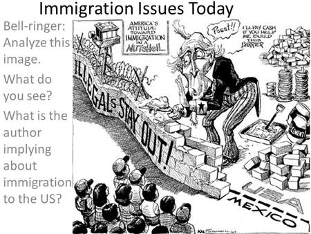 Bell-ringer: Analyze this image. What do you see? What is the author implying about immigration to the US? Immigration Issues Today.