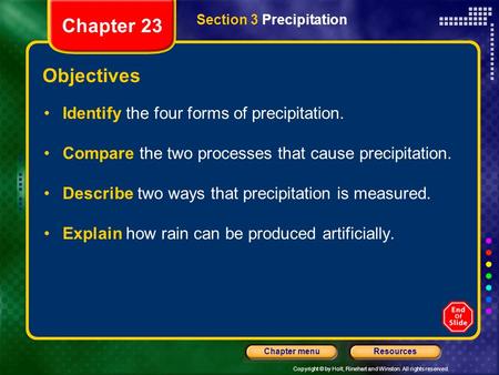 Copyright © by Holt, Rinehart and Winston. All rights reserved. ResourcesChapter menu Section 3 Precipitation Chapter 23 Objectives Identify the four forms.
