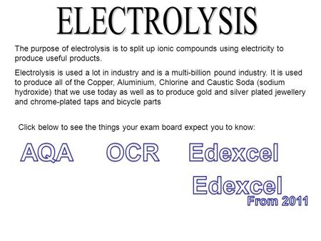 The purpose of electrolysis is to split up ionic compounds using electricity to produce useful products. Electrolysis is used a lot in industry and is.