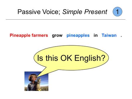 Passive Voice; Simple Present 1 Pineapple farmersgrowpineapplesinTaiwan. Is this OK English?