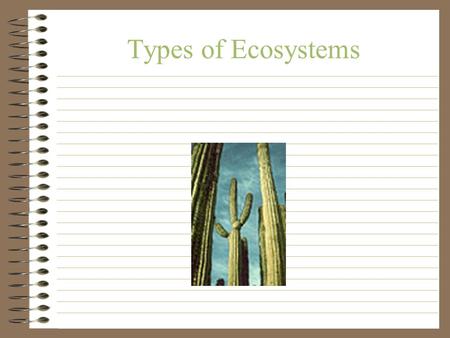 Types of Ecosystems. Review Abiotic + Biotic = Ecosystem Producers = plants (make their own food) Consumers = organisms that eat producers Decomposers.