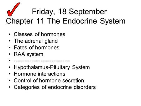 Friday, 18 September Chapter 11 The Endocrine System Classes of hormones The adrenal gland Fates of hormones RAA system -------------------------------