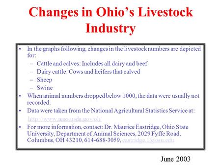 Changes in Ohio’s Livestock Industry In the graphs following, changes in the livestock numbers are depicted for: –Cattle and calves: Includes all dairy.