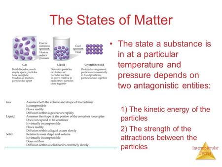 The States of Matter The state a substance is in at a particular temperature and pressure depends on two antagonistic entities: 1) The kinetic energy of.