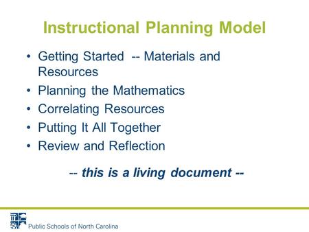 Instructional Planning Model Getting Started -- Materials and Resources Planning the Mathematics Correlating Resources Putting It All Together Review and.