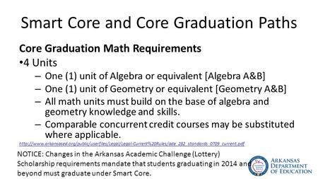 Smart Core and Core Graduation Paths Core Graduation Math Requirements 4 Units – One (1) unit of Algebra or equivalent [Algebra A&B] – One (1) unit of.