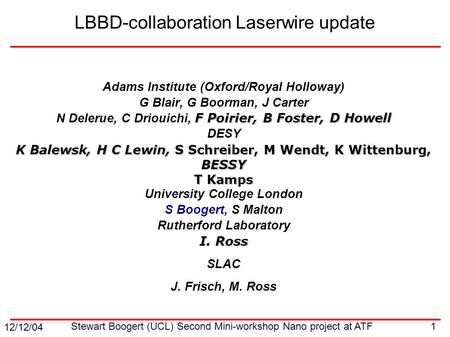12/12/04 1 Stewart Boogert (UCL) Second Mini-workshop Nano project at ATF LBBD-collaboration Laserwire update Adams Institute (Oxford/Royal Holloway) G.