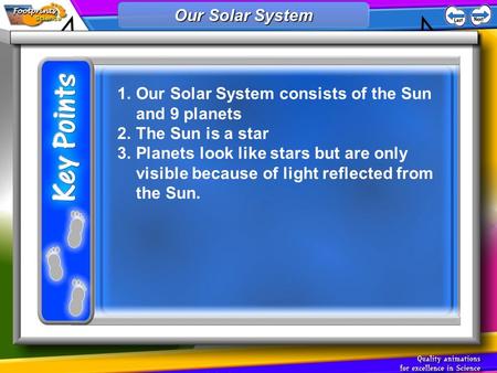 1.Our Solar System consists of the Sun and 9 planets 2.The Sun is a star 3.Planets look like stars but are only visible because of light reflected from.