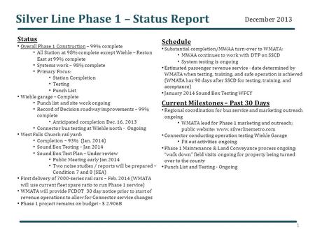 Silver Line Phase 1 – Status Report Status Overall Phase 1 Construction – 99% complete All Station at 98% complete except Wiehle – Reston East at 99% complete.