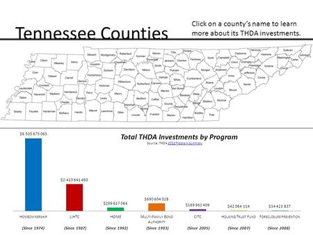 Tennessee Counties Total THDA Investments by Program Click on a county’s name to learn more about its THDA investments. (Since 1974) (Since 1987) (Since.