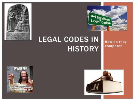 How do they compare? LEGAL CODES IN HISTORY.  To protect society  To regulate behavior  To illustrate religious/moral/ethical behavior  To peacefully.
