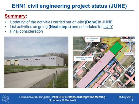 09 July 2015 1 EHN1 civil engineering project status (JUNE) Summary: Updating of the activities carried out on-site (Done) in JUNE List activities on going.