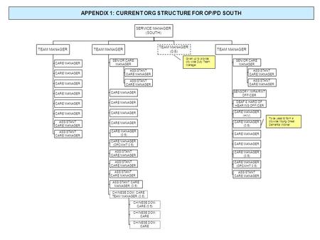 APPENDIX 1: CURRENT ORG STRUCTURE FOR OP/PD SOUTH SERVICE MANAGER (SOUTH) TEAM MANAGER TEAM MANAGER (0.5) TEAM MANAGER CARE MANAGER ASSISTANT CARE MANAGER.