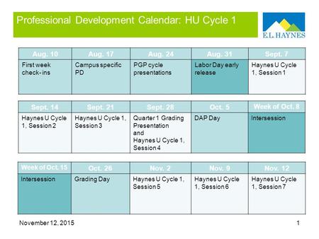 November 12, 20151 Professional Development Calendar: HU Cycle 1 Aug. 10Aug. 17Aug. 24Aug. 31Sept. 7 First week check- ins Campus specific PD PGP cycle.