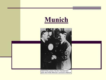 Munich. Timeline of appeasement Sep 1931 Japanese invasion of Manchuria 1932-4 Failure of World Disarmament Conference June 1935 Anglo-German Naval Agreement.