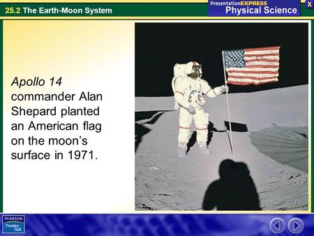 25.2 The Earth-Moon System Apollo 14 commander Alan Shepard planted an American flag on the moon’s surface in 1971.
