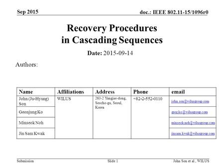 Submission doc.: IEEE 802.11-15/1096r0 Sep 2015 John Son et al., WILUSSlide 1 Recovery Procedures in Cascading Sequences Date: 2015-09-14 Authors: NameAffiliationsAddressPhoneemail.