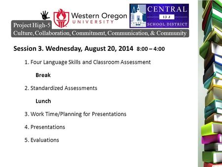 Session 3. Wednesday, August 20, 2014 8:00 – 4:00 1. Four Language Skills and Classroom Assessment Break 2. Standardized Assessments Lunch 3. Work Time/Planning.