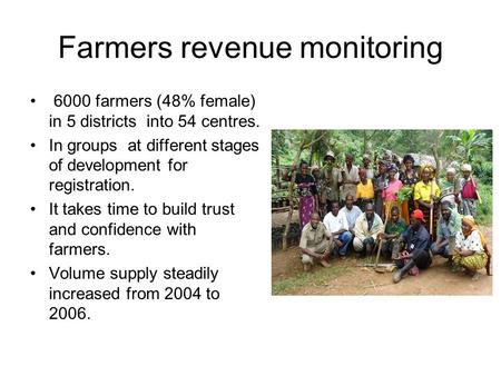Farmers revenue monitoring 6000 farmers (48% female) in 5 districts into 54 centres. In groups at different stages of development for registration. It.