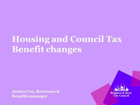 Housing and Council Tax Benefit changes Janine Cox, Revenues & Benefits manager.