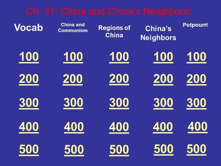 100 200 300 400 500 Vocab Ch. 31: China and China’s Neighbors! China and Communism 100 200 300 400 500 100 200 300 400 500 Regions of China China’s Neighbors.