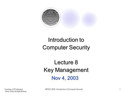 Courtesy of Professors Chris Clifton & Matt Bishop INFSCI 2935: Introduction of Computer Security1 Nov 4, 2003 Introduction to Computer Security Lecture.
