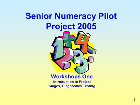 Senior Numeracy Pilot Project 2005 Workshops One Introduction to Project Stages, Diagnostics Testing 1.