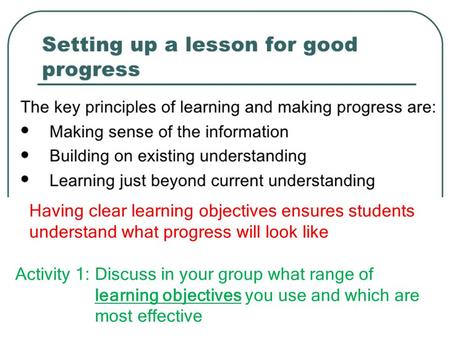 Having clear learning objectives ensures students understand what progress will look like Activity 1: Discuss in your group what range of learning objectives.