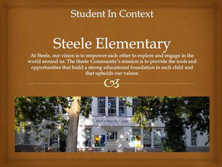  Part One: School Information We value multiage classrooms. We believe in building community by developing relationships over time. - Part of the Steele.