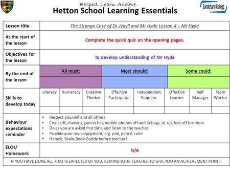 Hetton School Learning Essentials Lesson titleThe Strange Case of Dr Jekyll and Mr Hyde Lesson 4 – Mr Hyde At the start of the lesson Complete the quick.