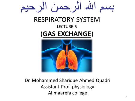 RESPIRATORY SYSTEM LECTURE-5 (GAS EXCHANGE) Dr. Mohammed Sharique Ahmed Quadri Assistant Prof. physiology Al maarefa college 1.