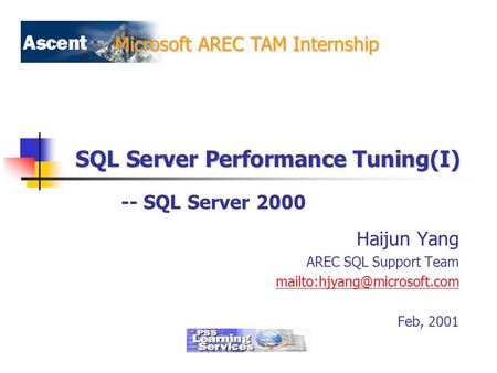 Microsoft AREC TAM Internship SQL Server Performance Tuning(I) Haijun Yang AREC SQL Support Team Feb, 2001 -- SQL Server 2000.