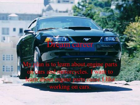 Dream career My plan is to learn about engine parts on cars and motorcycles. I want to learn about engine parts cause I like working on cars.