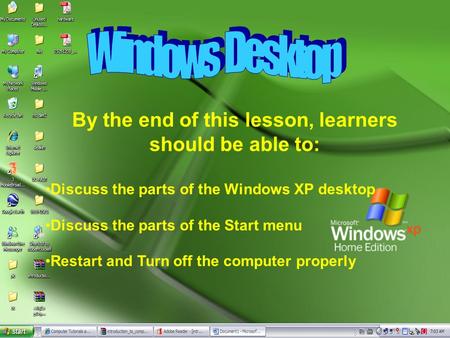 By the end of this lesson, learners should be able to: Discuss the parts of the Windows XP desktop Discuss the parts of the Start menu Restart and Turn.