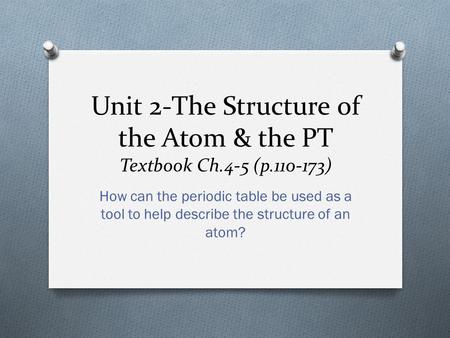Unit 2-The Structure of the Atom & the PT Textbook Ch.4-5 (p.110-173) How can the periodic table be used as a tool to help describe the structure of an.