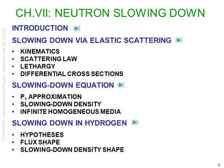 PHYS-H406 – Nuclear Reactor Physics – Academic year 2013-2014 1 CH.VII: NEUTRON SLOWING DOWN INTRODUCTION SLOWING DOWN VIA ELASTIC SCATTERING KINEMATICS.
